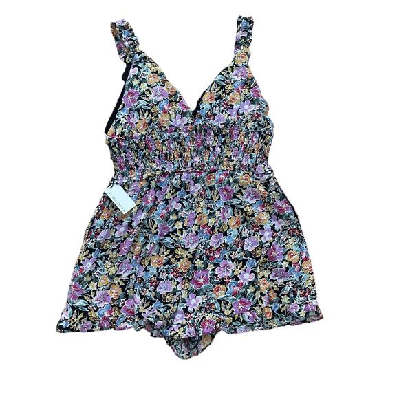 Floret Studios SMOCKED FLORAL ROMPER IN BLACK PINK FLORAL Size XL - Picture 3 of 8